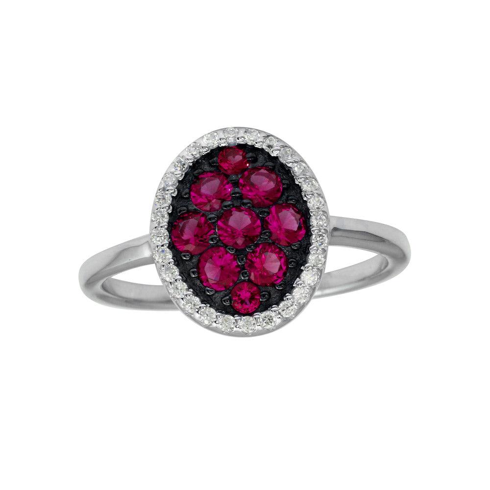 Silver 925 Rhodium Plated Oval Ring with Red and Clear CZ - BGR01233RED | Silver Palace Inc.