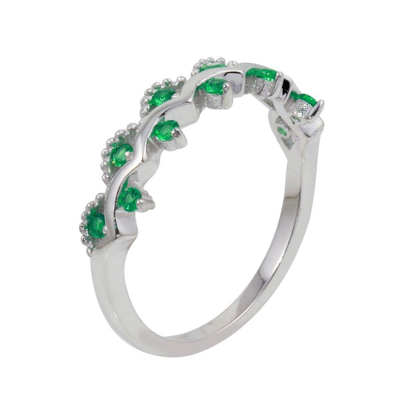 Silver 925 Rhodium Plated Wavy Ring with Green CZ - BGR01239GRN | Silver Palace Inc.