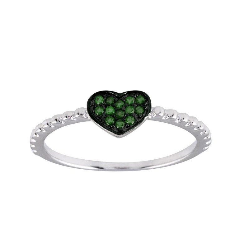 Silver 925 Rhodium Plated Beaded Heart Green CZ Ring - BGR01245GRN | Silver Palace Inc.
