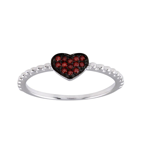Silver 925 Rhodium Plated Beaded Heart Red CZ Ring - BGR01245RED | Silver Palace Inc.