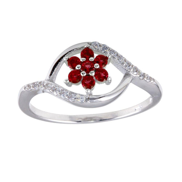 Silver 925 Rhodium Plated Wave Red Center Flower CZ Ring - BGR01252RED | Silver Palace Inc.