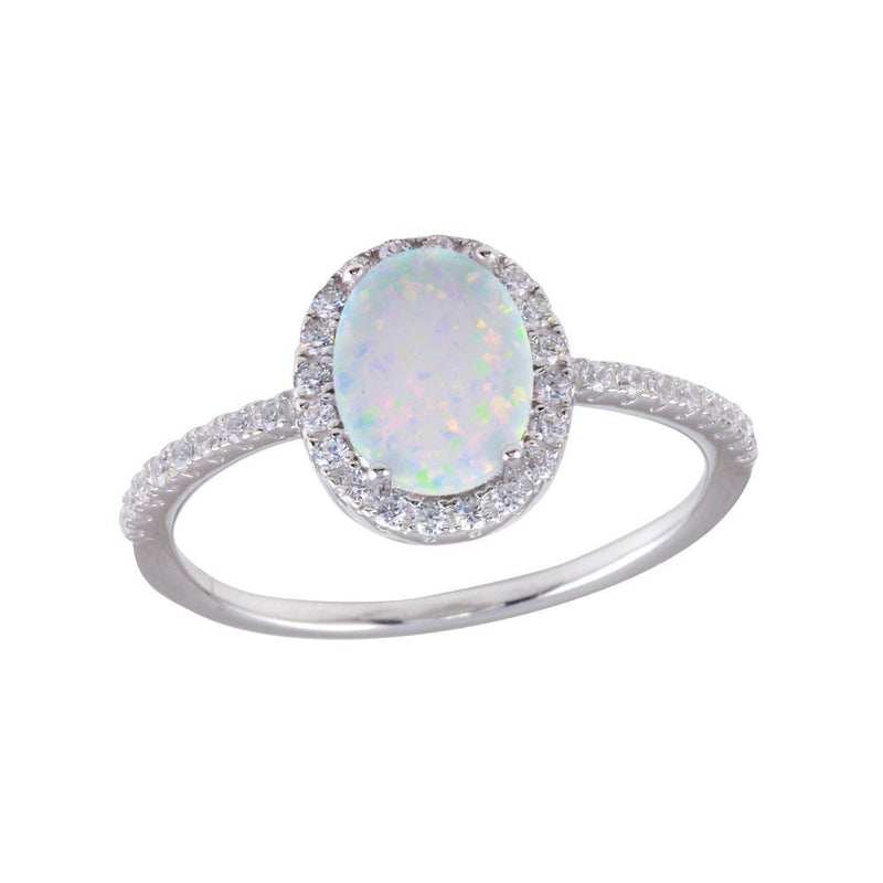 Silver 925 Rhodium Plated Oval Solitaire Synthetic Opal CZ Ring - BGR01257 | Silver Palace Inc.