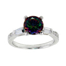 Silver 925 Rhodium Plated Oval Solitaire Synthetic Mystic Topaz Baguette Shank CZ Ring - BGR01261 | Silver Palace Inc.