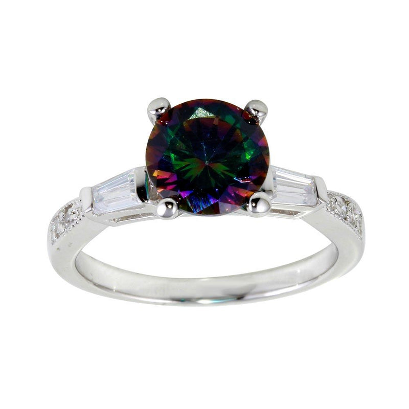 Silver 925 Rhodium Plated Oval Solitaire Synthetic Mystic Topaz Baguette Shank CZ Ring - BGR01261 | Silver Palace Inc.