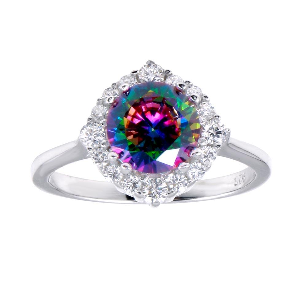 Silver 925 Rhodium Plated Round Halo Mystic Topaz CZ Ring - BGR01263 | Silver Palace Inc.