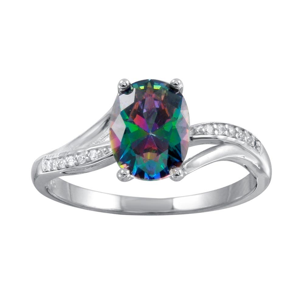 Silver 925 Rhodium Plated Oval Mystic Topaz CZ Ring - BGR01266 | Silver Palace Inc.
