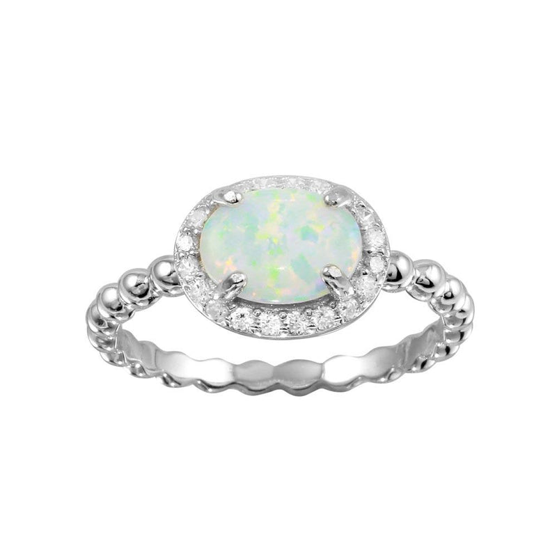 Rhodium Plated 925 Sterling Silver Oval Halo Opal CZ Beaded Design Band Ring - BGR01272 | Silver Palace Inc.