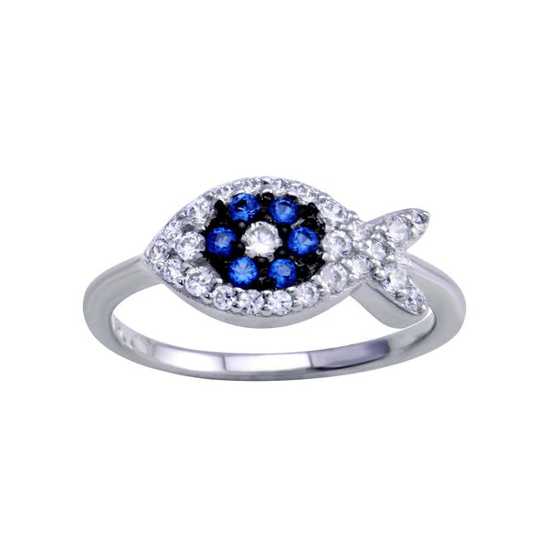 Silver 925 Rhodium Plated Blue CZ Fish Ring - BGR01288 | Silver Palace Inc.