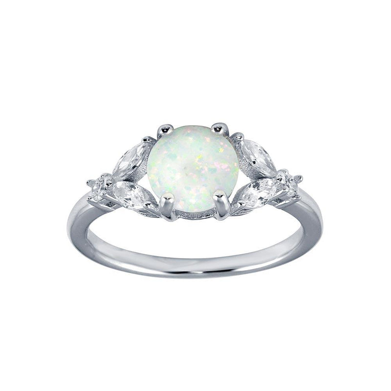 Silver 925 Rhodium Plated Flower Shank Opal Stone Ring with CZ - BGR01290 | Silver Palace Inc.
