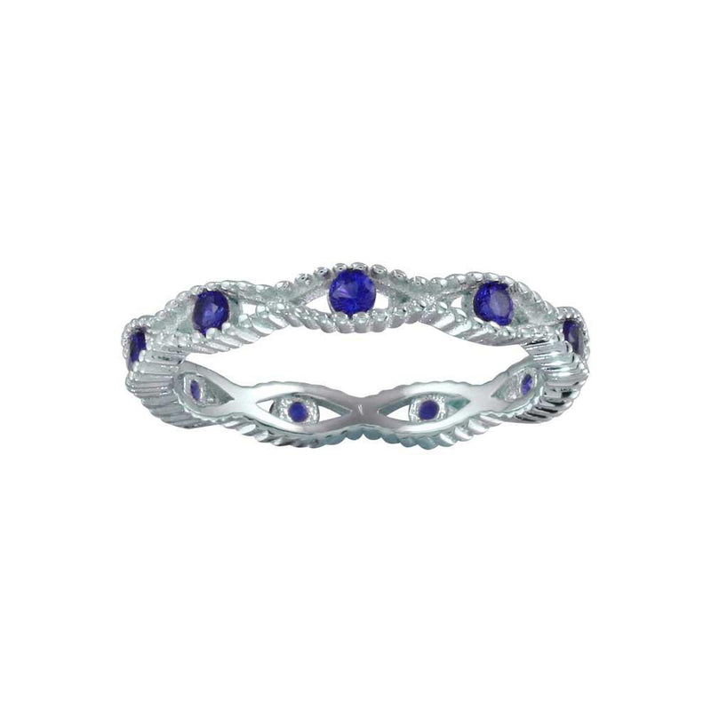 Rhodium Plated 925 Sterling Silver Intersecting Waves Blue CZ Ring - BGR01294BLU | Silver Palace Inc.