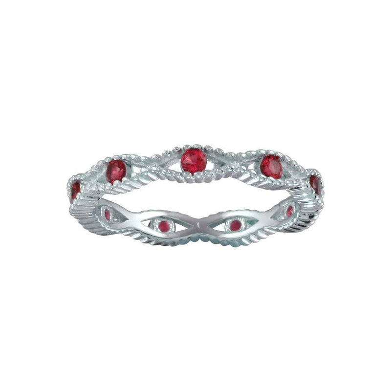 Silver 925 Rhodium Plated Intersecting Waves Red CZ Ring- BGR01294RED | Silver Palace Inc.