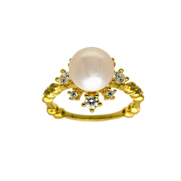 Silver 925 Gold Plated White Pearl Flower Ring with CZ - BGR01300 | Silver Palace Inc.