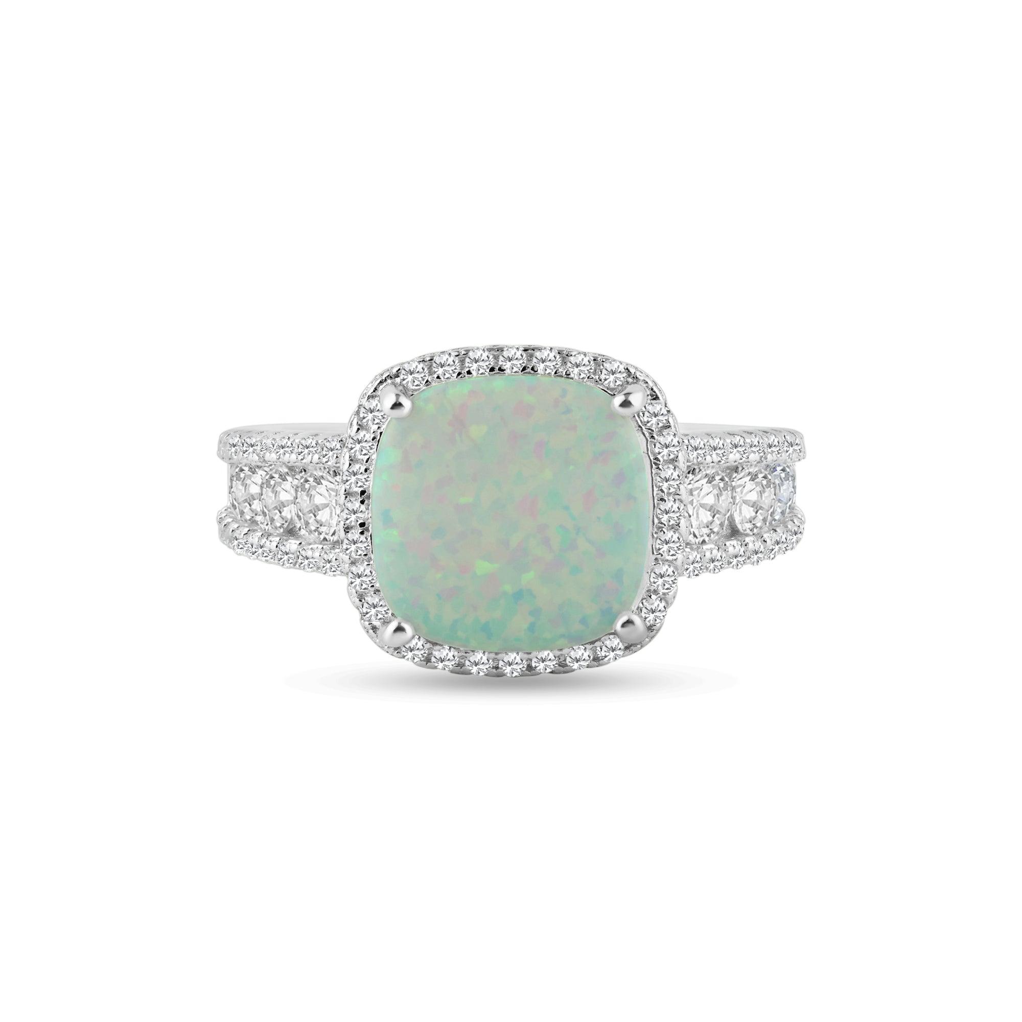 Rhodium Plated 925 Sterling Silver Opal Stone With CZ Ring - BGR01314