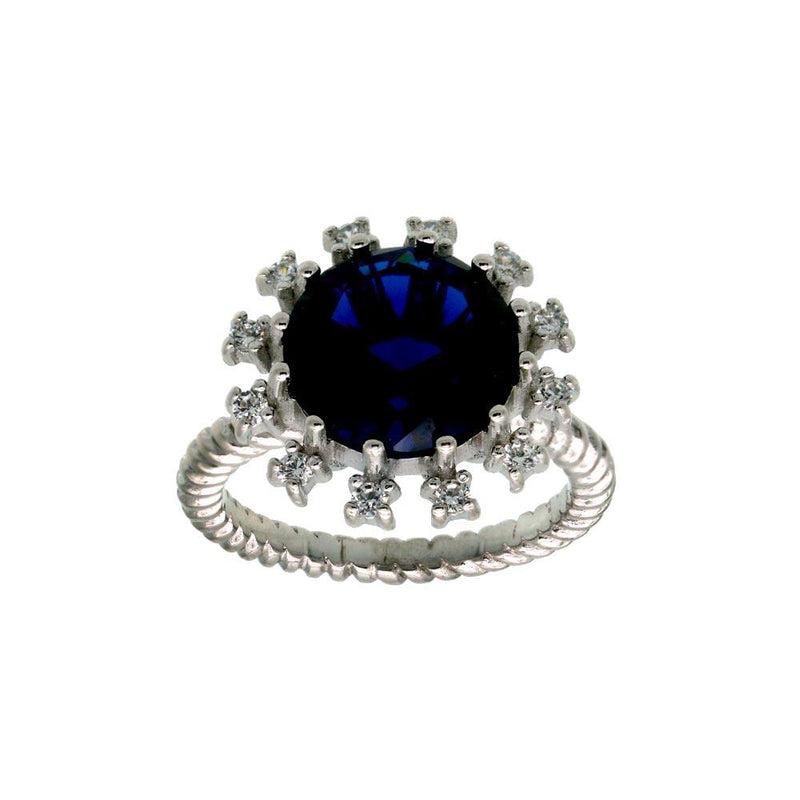 Silver 925 Rhodium Plated Blue Center Flower CZ Ring with Rope Band - BGR01302BLU | Silver Palace Inc.
