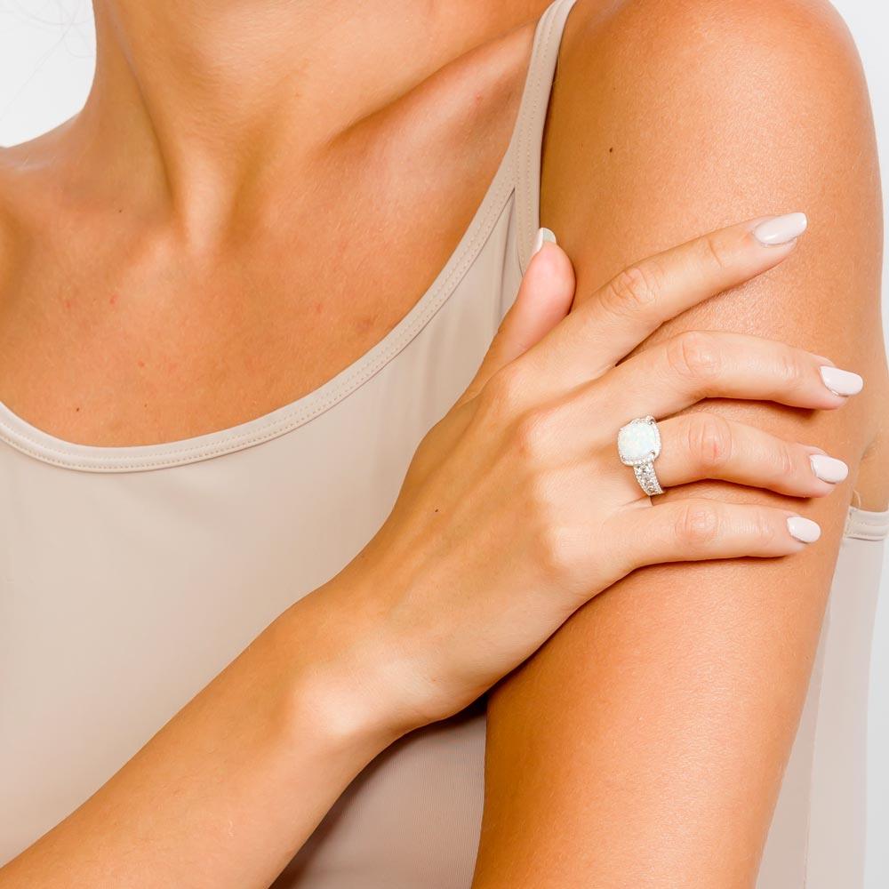 Rhodium Plated 925 Sterling Silver Opal Stone With CZ Ring - BGR01314