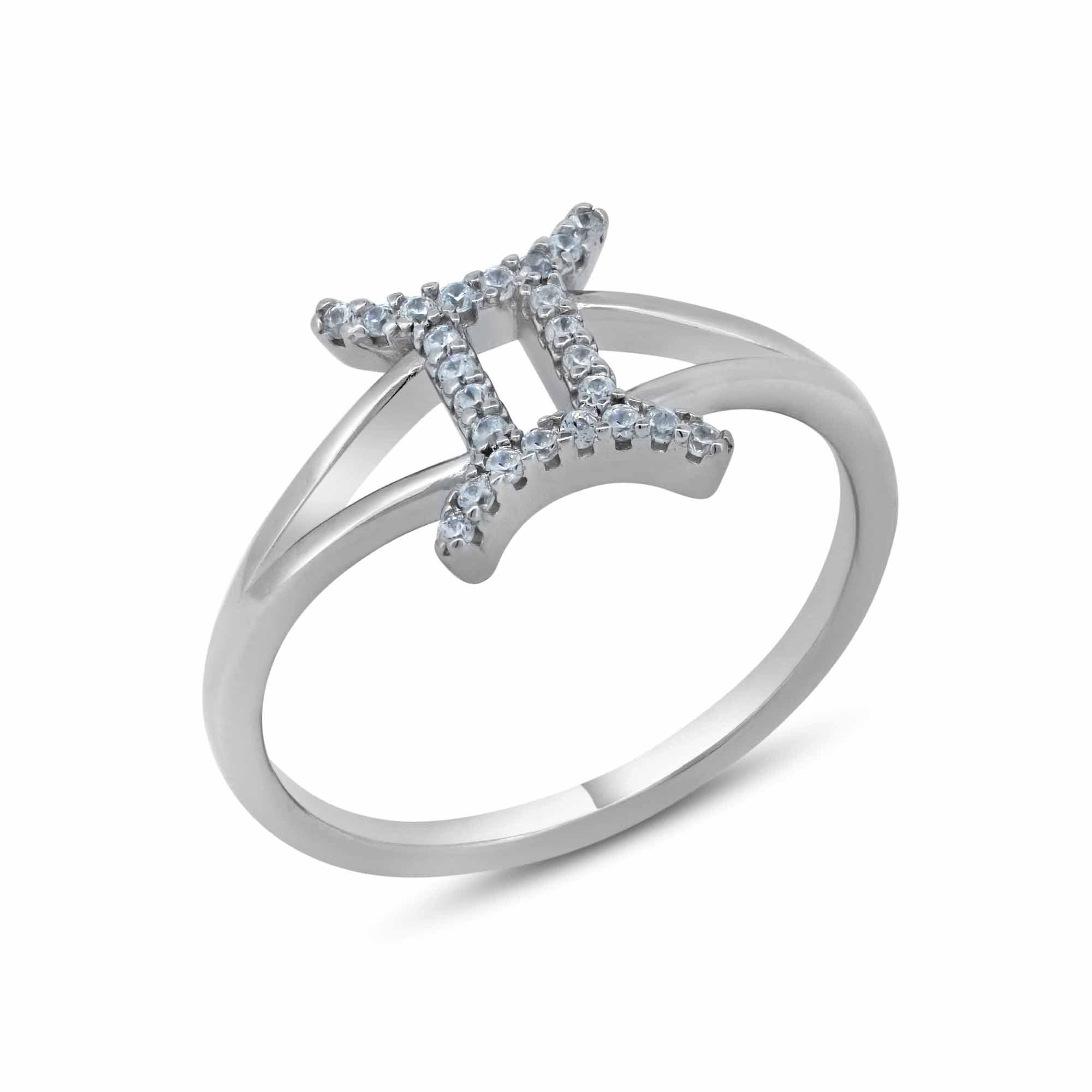 Rhodium Plated 925 Sterling Silver Gemini CZ Zodiac Sign Ring