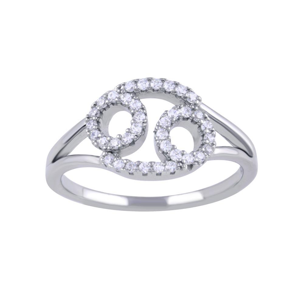 Rhodium Plated 925 Sterling Silver Cancer CZ Zodiac Sign Ring
