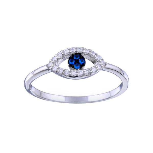Rhodium Plated 925 Sterling Silver Blue and Clear CZ Evil Eye Ring - BGR01339 | Silver Palace Inc.