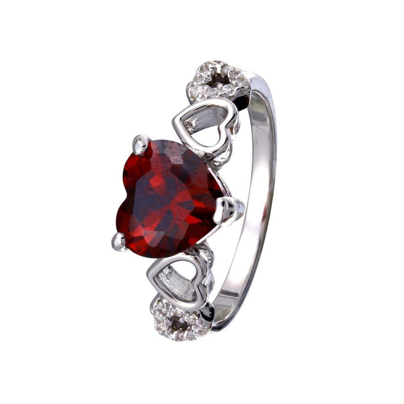 Rhodium Plated 925 Sterling Silver Heart Red and Clear CZ W- Heart Shank Ring - BGR01342