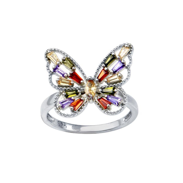 Silver 925 Rhodium Plated Multi Color Baguette CZ Butterfly Ring - BGR01345 | Silver Palace Inc.