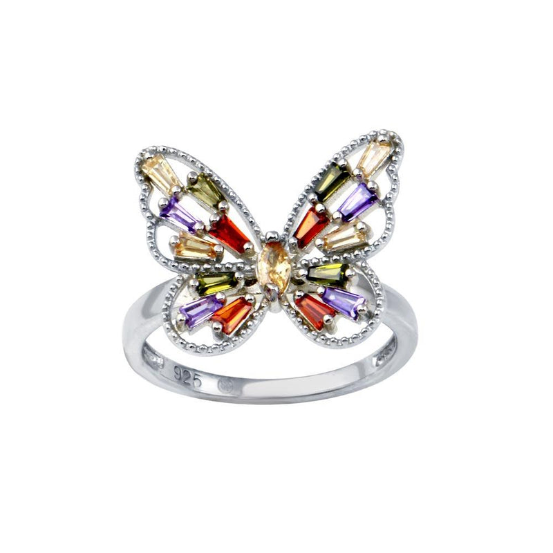 Rhodium Plated 925 Sterling Silver Multi Color Baguette CZ Butterfly Ring - BGR01345 | Silver Palace Inc.
