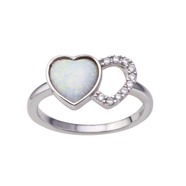 Rhodium Plated 925 Sterling Silver 2 Open Heart Simulated Opal and Clear CZ Ring - BGR01354 | Silver Palace Inc.