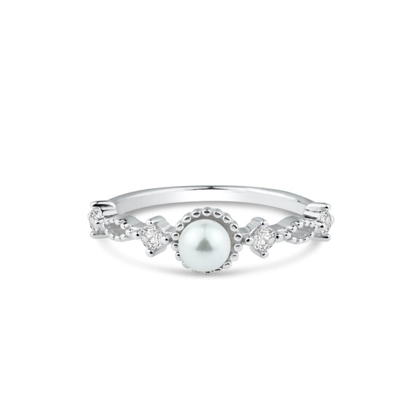 925 Sterling Silver Rhodium Plated Synthetic Pearl Center Clear CZ Ring - BGR01357 | Silver Palace Inc.