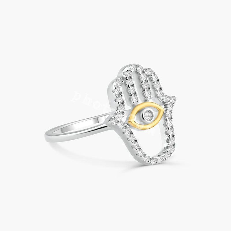 925 Sterling Silver 2 Toned Plated Hamsa Hand Clear CZ Ring - BGR01359