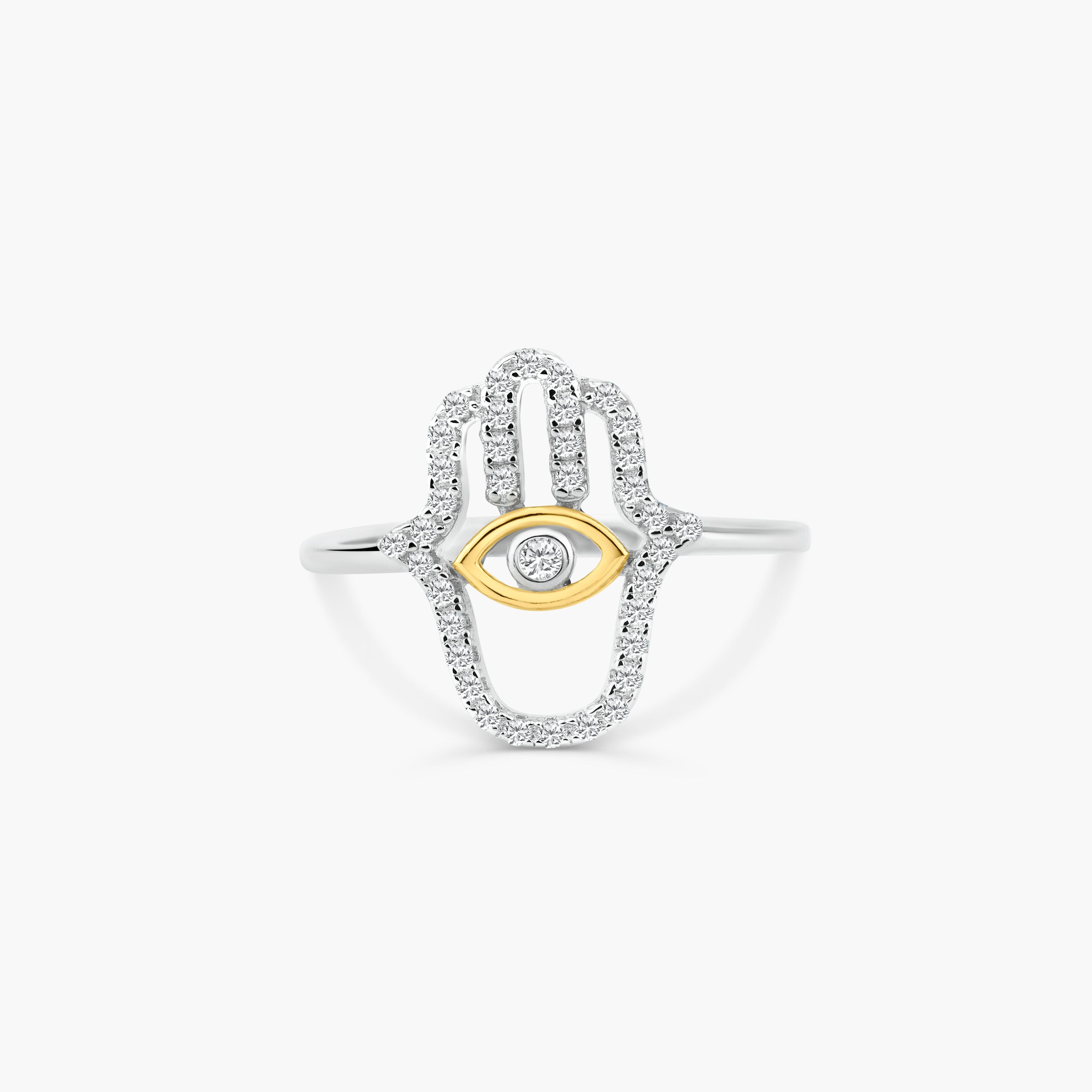 Silver 925 2 Toned Plated Hamsa Hand Clear CZ Ring - BGR01359 | Silver Palace Inc.