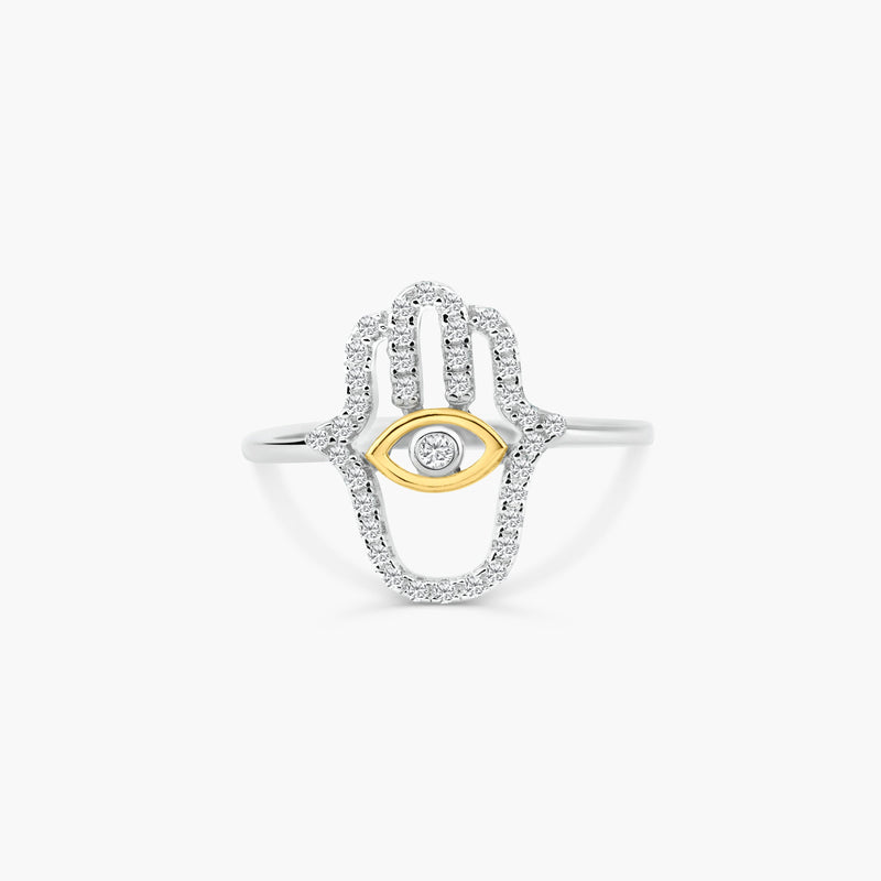 Silver 925 2 Toned Plated Hamsa Hand Clear CZ Ring - BGR01359 | Silver Palace Inc.