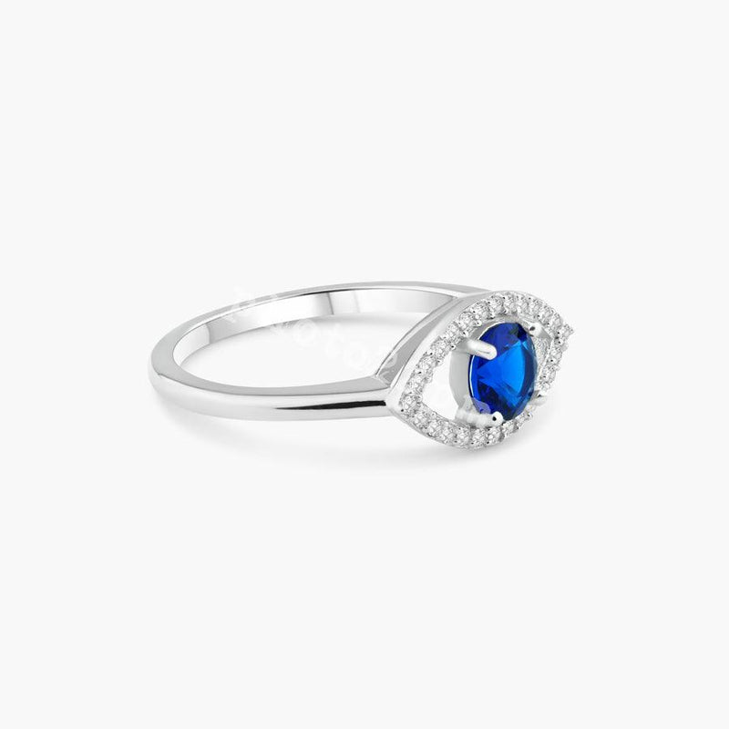Rhodium Plated 925 Sterling Silver Open Evil Eye Ring with Blue Center Stones - BGR01360