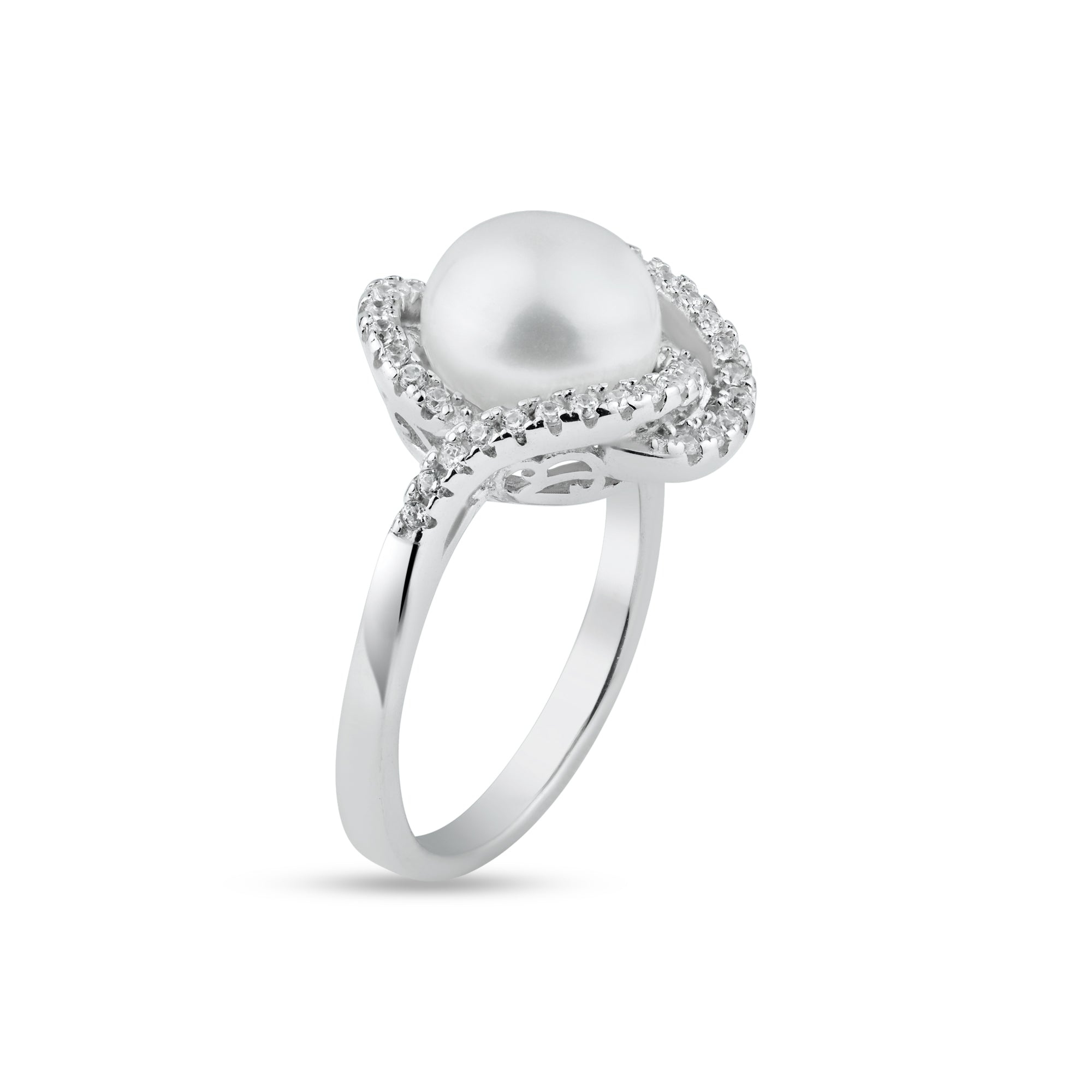Anillo de plata de ley 925 rodiada con perla blanca y circonita cúbica transparente - BGR01363