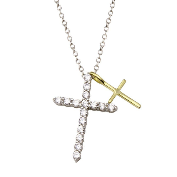 Silver 925 Rhodium and Gold Plated Cross Clear CZ Adjustable Necklace - STP01835 | Silver Palace Inc.