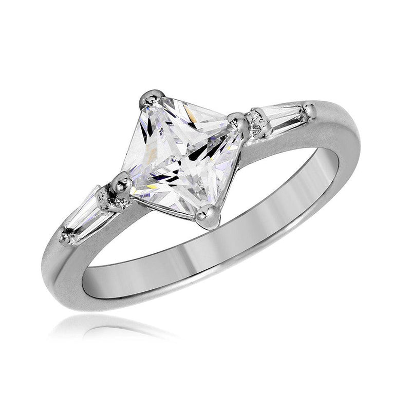 Silver 925 Rhodium Plated Baguette CZ Shank with Diamond Shape Center Stone Ring - BGR01064 | Silver Palace Inc.