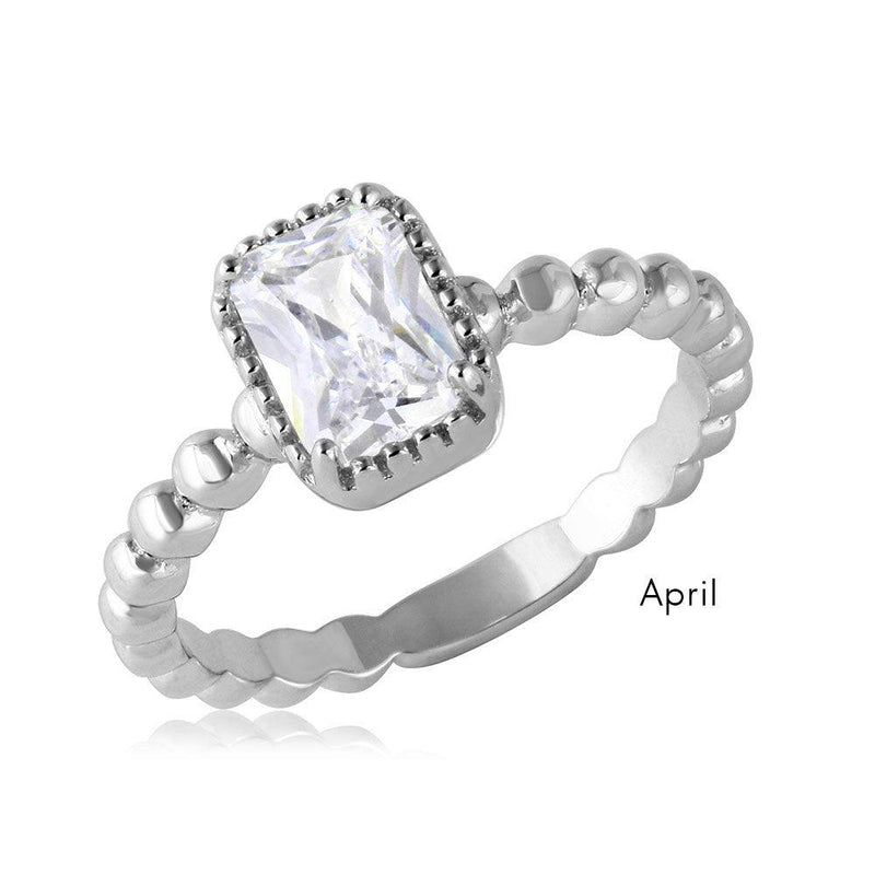 April Sterling Silver 925 Rhodium Plated Beaded Shank Square Center Birthstone Ring - BGR01081APR | Silver Palace Inc.