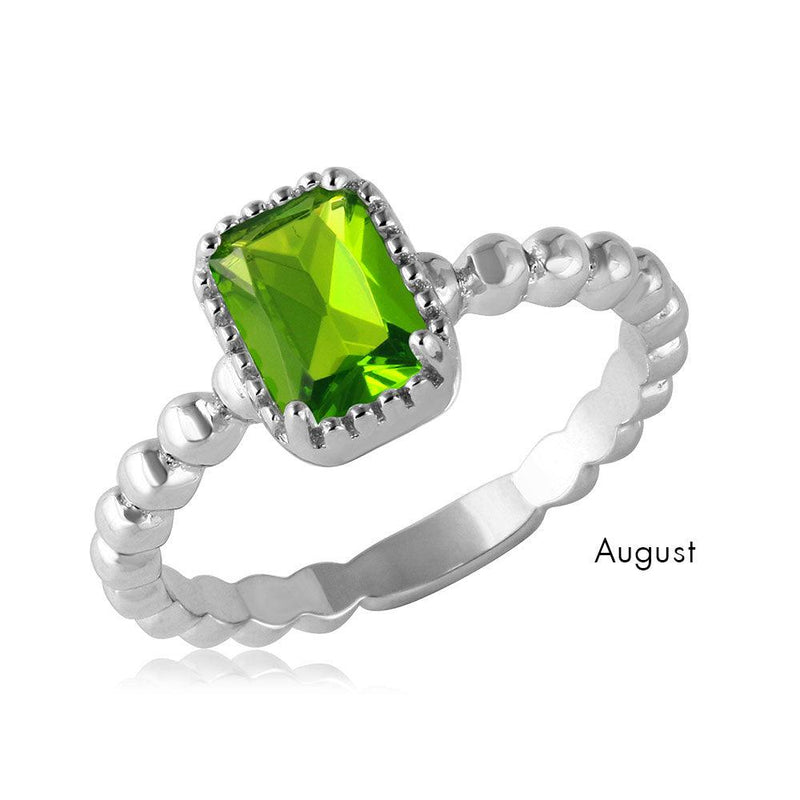 August Sterling Silver 925 Rhodium Plated Beaded Shank Square Center Birthstone Ring - BGR01081AUG | Silver Palace Inc.