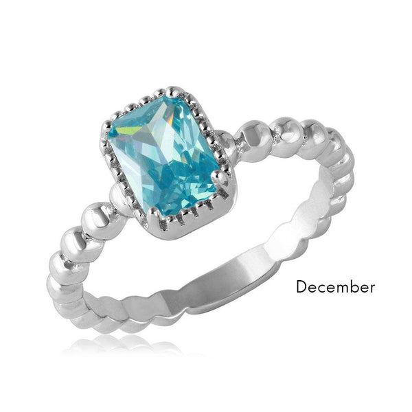 December Sterling Silver 925 Rhodium Plated Beaded Shank Square Center Birthstone Ring - BGR01081DEC | Silver Palace Inc.