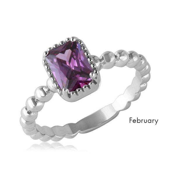 February Sterling Silver 925 Rhodium Plated Beaded Shank Square Center Birthstone Ring - BGR01081FEB | Silver Palace Inc.