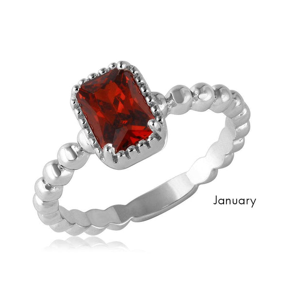 January Sterling Silver 925 Rhodium Plated Beaded Shank Square Center Birthstone Ring - BGR01081JAN | Silver Palace Inc.