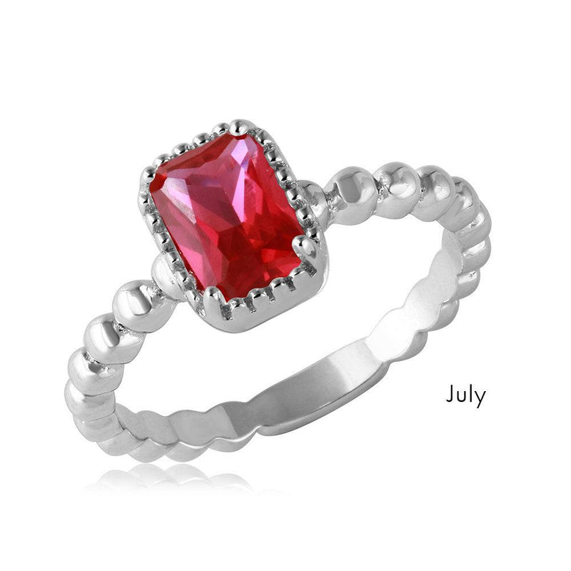 July Sterling Silver 925 Rhodium Plated Beaded Shank Square Center Birthstone Ring - BGR01081JUL | Silver Palace Inc.
