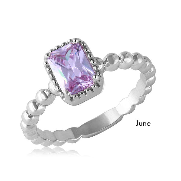 June Sterling Silver 925 Rhodium Plated Beaded Shank Square Center Birthstone Ring - BGR01081JUN | Silver Palace Inc.