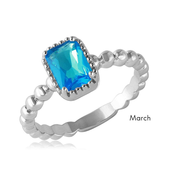 March Sterling Silver 925 Rhodium Plated Beaded Shank Square Center Birthstone Ring - BGR01081MAR | Silver Palace Inc.