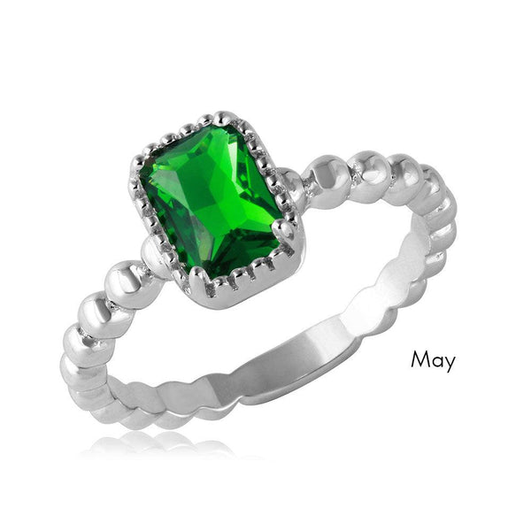 May Sterling Silver 925 Rhodium Plated Beaded Shank Square Center Birthstone Ring - BGR01081MAY | Silver Palace Inc.