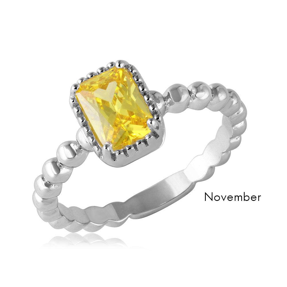 November Sterling Silver 925 Rhodium Plated Beaded Shank Square Center Birthstone Ring - BGR01081NOV | Silver Palace Inc.