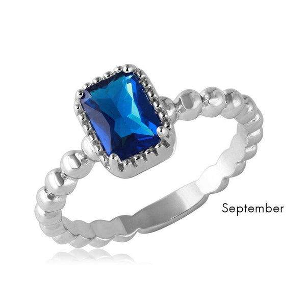 September Sterling 925 Silver Rhodium Plated Beaded Shank Square Center Birthstone Ring - BGR01081SEP | Silver Palace Inc.