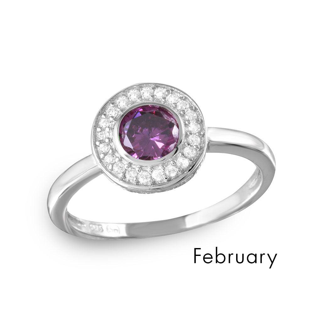 February Sterling Silver 925 Rhodium Plated CZ Center Birthstone Halo Ring - BGR01082FEB | Silver Palace Inc.