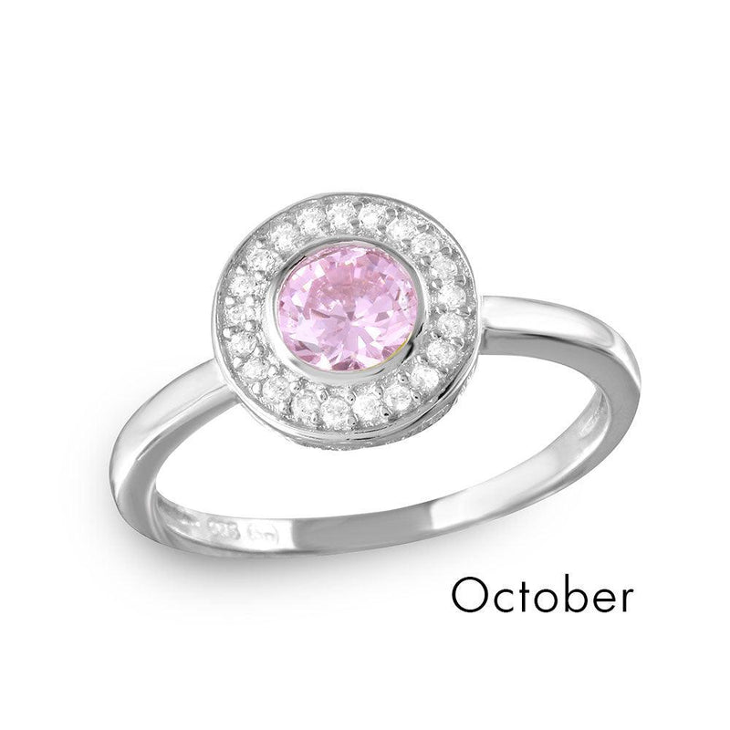 October Sterling Silver 925 Rhodium Plated CZ Center Birthstone Halo Ring - BGR01082OCT | Silver Palace Inc.