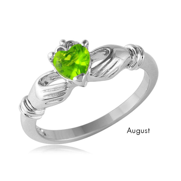 August Sterling Silver 925 Rhodium Plated CZ Center Birthstone Claddagh Ring - BGR01083AUG | Silver Palace Inc.