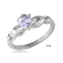 June Sterling Silver 925 Rhodium Plated CZ Center Birthstone Claddagh Ring - BGR01083JUN | Silver Palace Inc.
