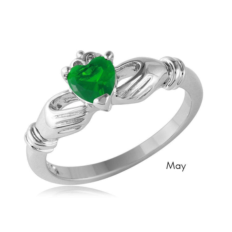 May Sterling Silver 925 Rhodium Plated CZ Center Birthstone Claddagh Ring - BGR01083MAY | Silver Palace Inc.